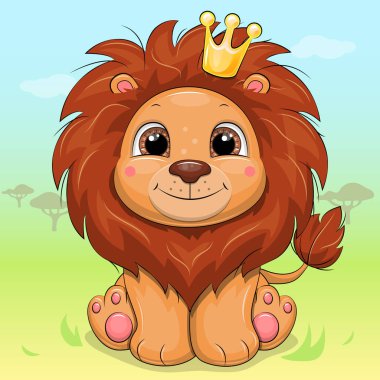 Taclı şirin çizgi film aslanı. Bir hayvan kralının vektör illüstrasyonu.