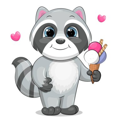 Dondurmalı sevimli çizgi film rakunu. Vektör illüstrasyonu beyazda izole edildi.