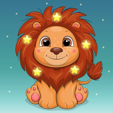 Yıldızlı şirin çizgi film aslanı. Mavi arka planda hayvanlı gece vektör çizimi.