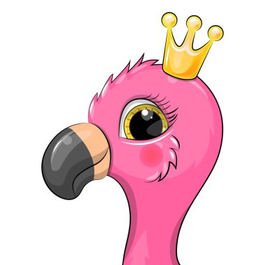 Taçlı şirin pembe flamingo kafası. Beyazda izole edilmiş bir hayvanın vektör çizimi.