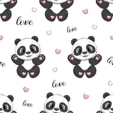 Sevimli panda, kalp ve metin sevgisinin kusursuz deseni. Beyaz arkaplanda vektör deseni.