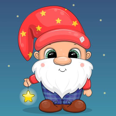 A cute cartoon gnome in a red hat is holding a star. Night vector illustration on a blue background. clipart