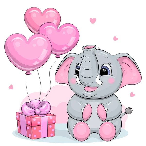 Leuke Cartoon Baby Olifant Met Roze Cadeau Ballonnen Vectorillstratie Witte — Stockvector