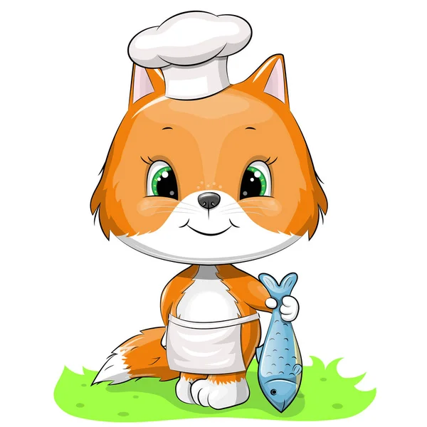 可爱的厨师狐狸在厨师的帽子和围裙是持有鱼 在白色上孤立的病媒动物图解 — 图库矢量图片