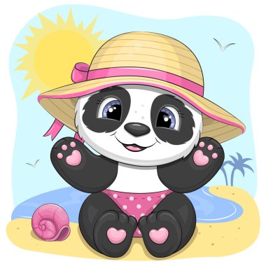 Mayolu ve yaz şapkalı şirin bir panda sahilde oturuyor. Hayvanlı yaz vektörü illüstrasyonu.