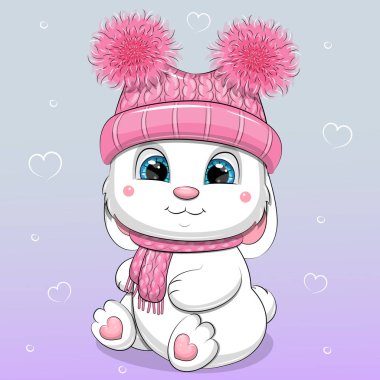 Pembe şapka ve atkı takan şirin beyaz tavşan. Bir evcil hayvanla vektör illüstrasyonu.