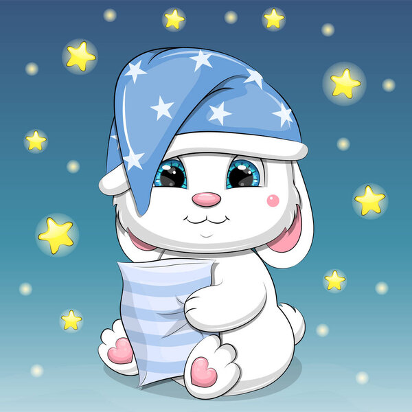 A white rabbit in a blue cap is holding a pillow. Night vector illustration with animal on a blue background with stars.