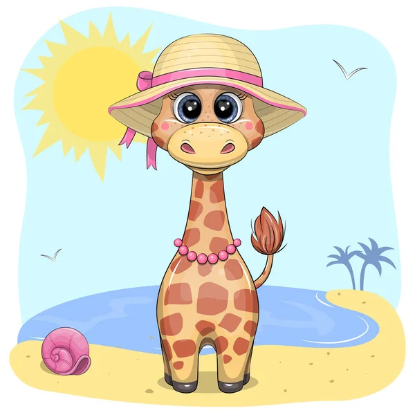 Linda Jirafa Dibujos Animados Sombrero Verano Playa Ilustración Vectorial Verano — Vector de stock