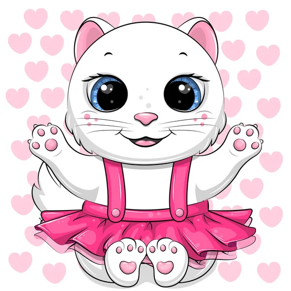 Χαριτωμένο Καρτούν Λευκή Γάτα Ροζ Φούστα Εικονογράφηση Διάνυσμα Ενός Ζώου — Διανυσματικό Αρχείο