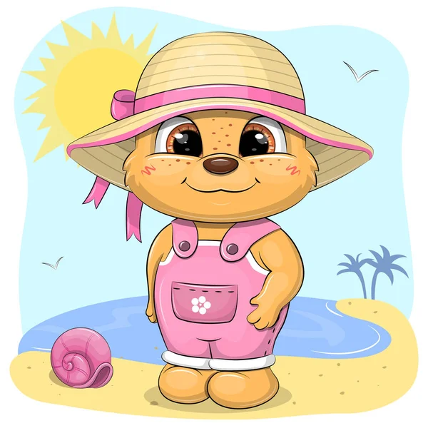 Leuke Tekenfilm Babybeer Met Zomerhoed Het Strand Zomer Vector Illustratie — Stockvector