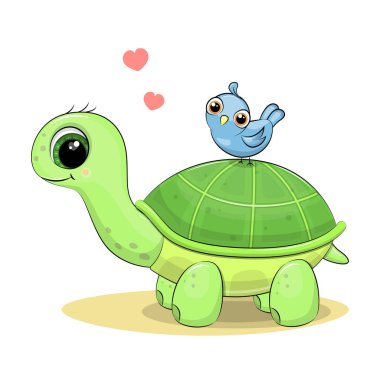 Mavi kuşlu şirin karikatür kaplumbağası. Vektör hayvan çizimi beyaza izole edildi.