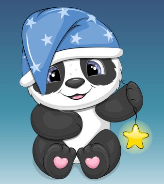 Gece başlığı takan sevimli bir panda parlayan bir yıldız tutuyor. Mavi arkaplanda gece vektör çizimi.