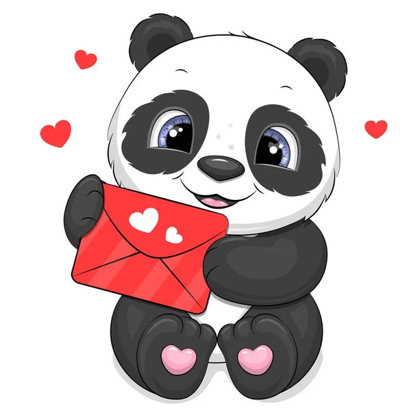 可爱的卡通熊猫与红色的情书 在白色上孤立的病媒动物图解 — 图库矢量图片