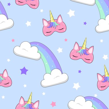 Pembe tek boynuzlu at ve gökkuşağı ile kusursuz bir arka plan. Yıldızlı mavi arkaplanda vektör deseni.