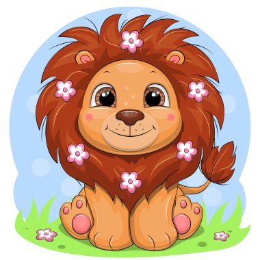 Çiçekli şirin çizgi film aslanı çimlerin üzerinde oturuyor. Bir hayvanın vektör çizimi.