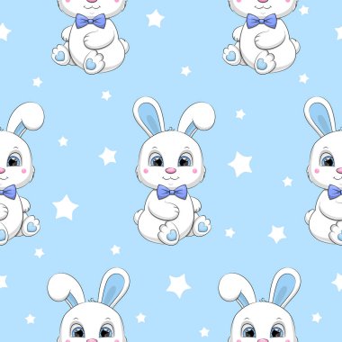 Papyonlu şirin tavşanı olan kusursuz bir desen. Mavi arka planda yıldızlı hayvanların vektör çizimi.