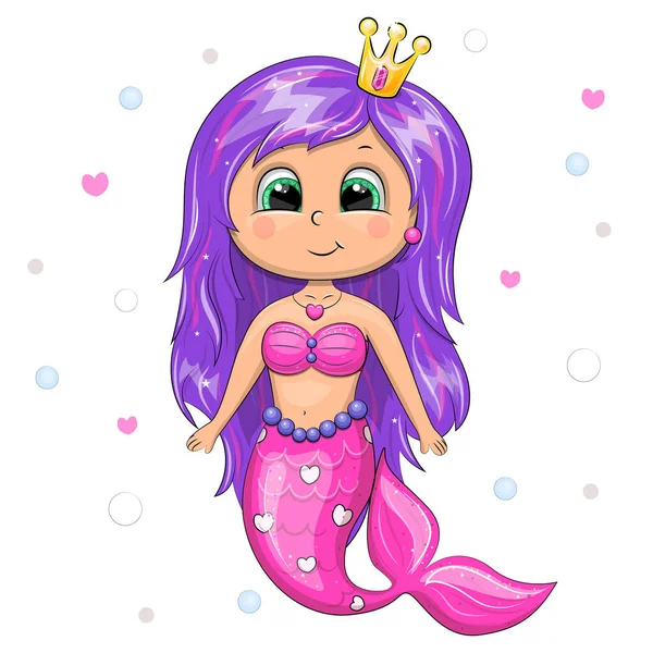 Cute Cartoon Mermaid Pink Purple Hair Crown Vector Illustration White — Stock Vector