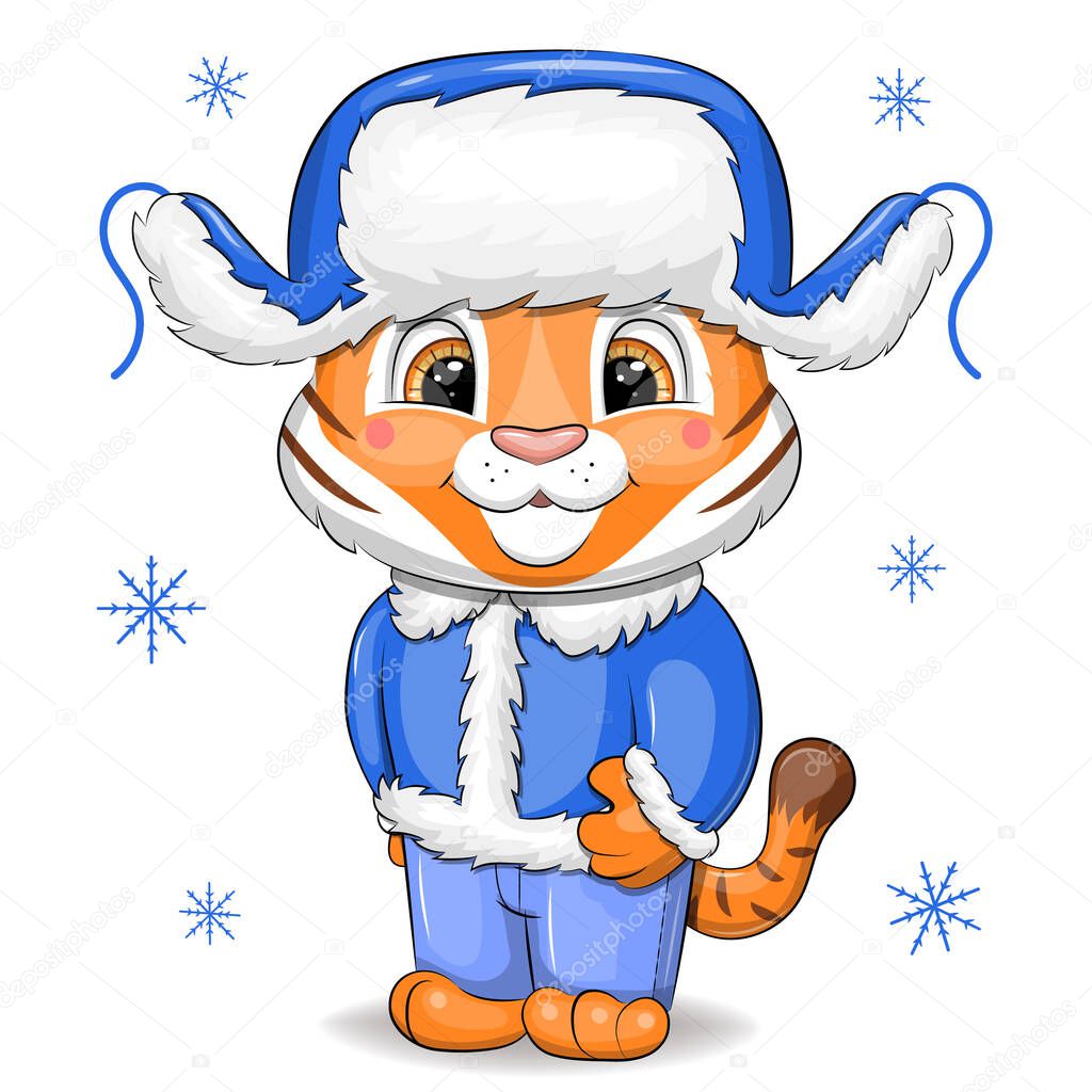 Cute cartoon baby tiger in blue winter hat with with ear flaps.Vector illustartion of animal on white background with snowflackes.