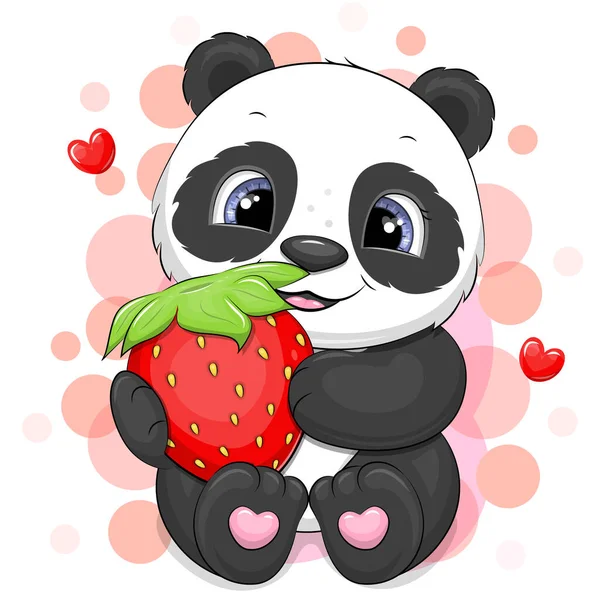 Een Leuke Tekenfilm Panda Met Een Rode Aardbei Vector Illustratie — Stockvector