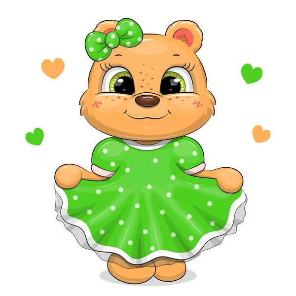 Urso Pelúcia Bonito Desenho Animado Vestido Verde Ilustração Vetorial Animal — Vetor de Stock