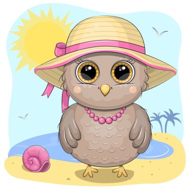 Yazlık şapkalı ve plajda kolyeli sevimli bir baykuş. Kuş, güneş ve deniz ile yaz vektör illüstrasyonu.