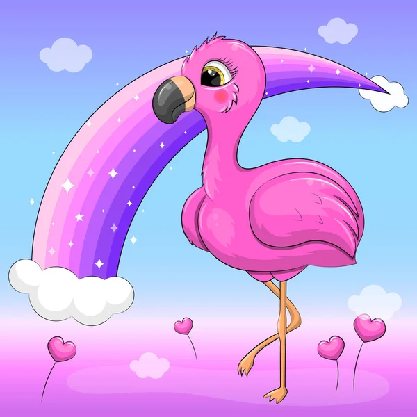 Netter Cartoon Rosa Flamingo Und Regenbogen Vektorillustration Eines Tieres — Stockvektor