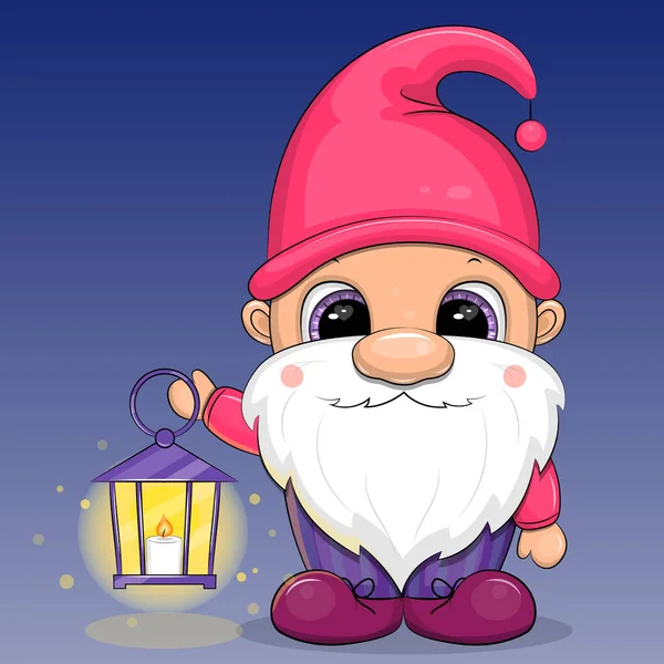 Mignon Lutin Dessin Animé Tenant Une Lanterne Illustration Vectorielle Sur — Image vectorielle