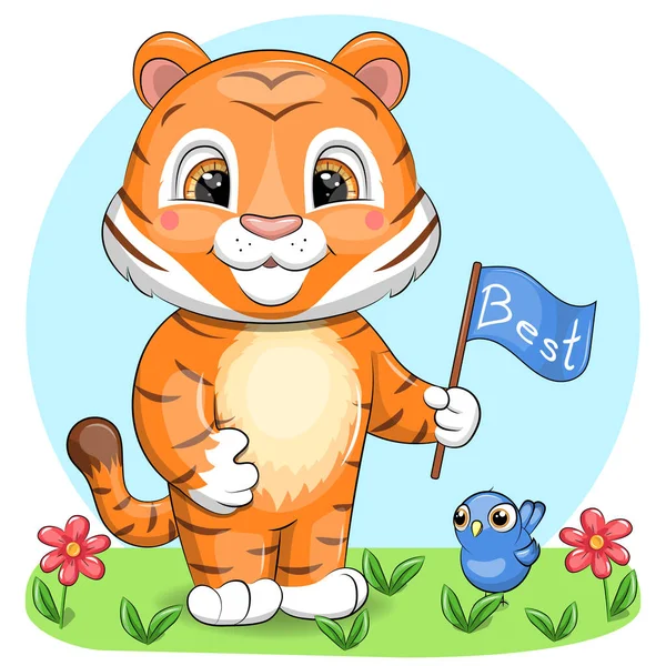 Lindo Tigre Dibujos Animados Sosteniendo Una Bandera Ilustración Vectorial Animal — Vector de stock