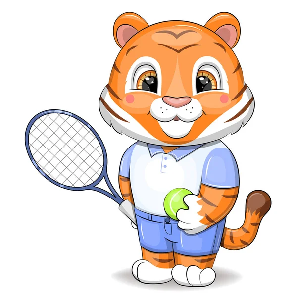 Lindo Jugador Tenis Tigre Dibujos Animados Sosteniendo Pelota Tenis Raqueta — Vector de stock