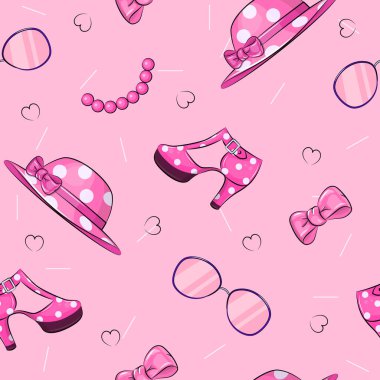 Şapka, fiyonk, gözlük, ayakkabı. Kalpli pembe arkaplanda vektör illüstrasyonuName.