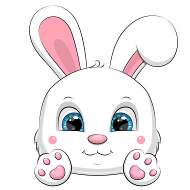 Pençeleri olan sevimli çizgi film karakteri beyaz tavşan sarılıyor. Beyaz arka planda bir hayvanın vektör çizimi.