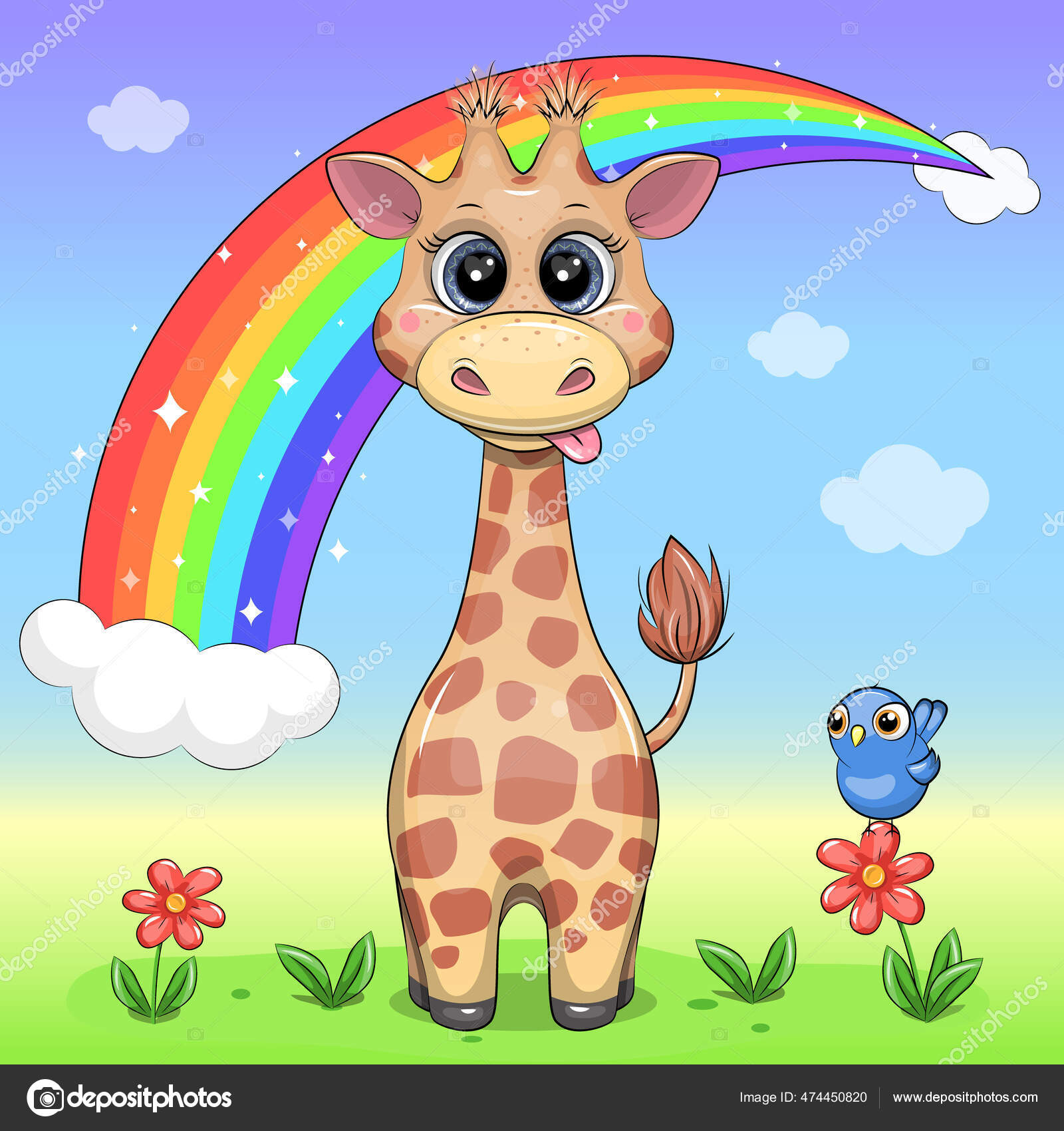 可爱的卡通长颈鹿与彩虹自然界中的动物的病媒图解图库矢量图©Oncidium 474450820, image size:1600x1700