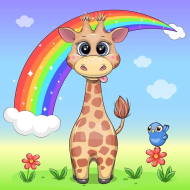 Gökkuşaklı şirin bir zürafa. Doğadaki bir hayvanın vektör illüstrasyonu.