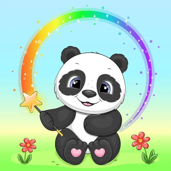 Lindo Panda Dibujos Animados Sosteniendo Una Varita Mágica Ilustración Vectorial — Archivo Imágenes Vectoriales