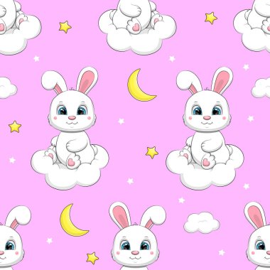 Bulutların üzerinde beyaz bir tavşanla kusursuz bir desen. Yıldızlı ve uydulu pembe arkaplanda vektör çizimi.