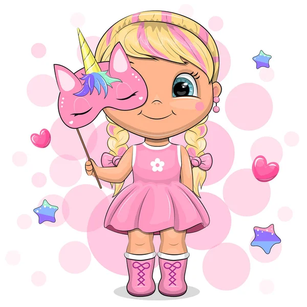 Linda Rubia Dibujos Animados Vestido Rosa Con Una Máscara Unicornio — Vector de stock