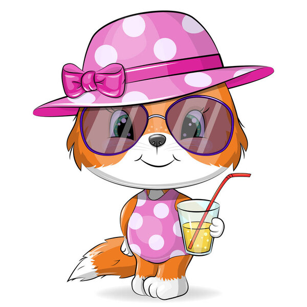 Милый мультяшный лис в розовой шляпе держит лимонад. Векторная иллюстрация животного на белом фоне.
