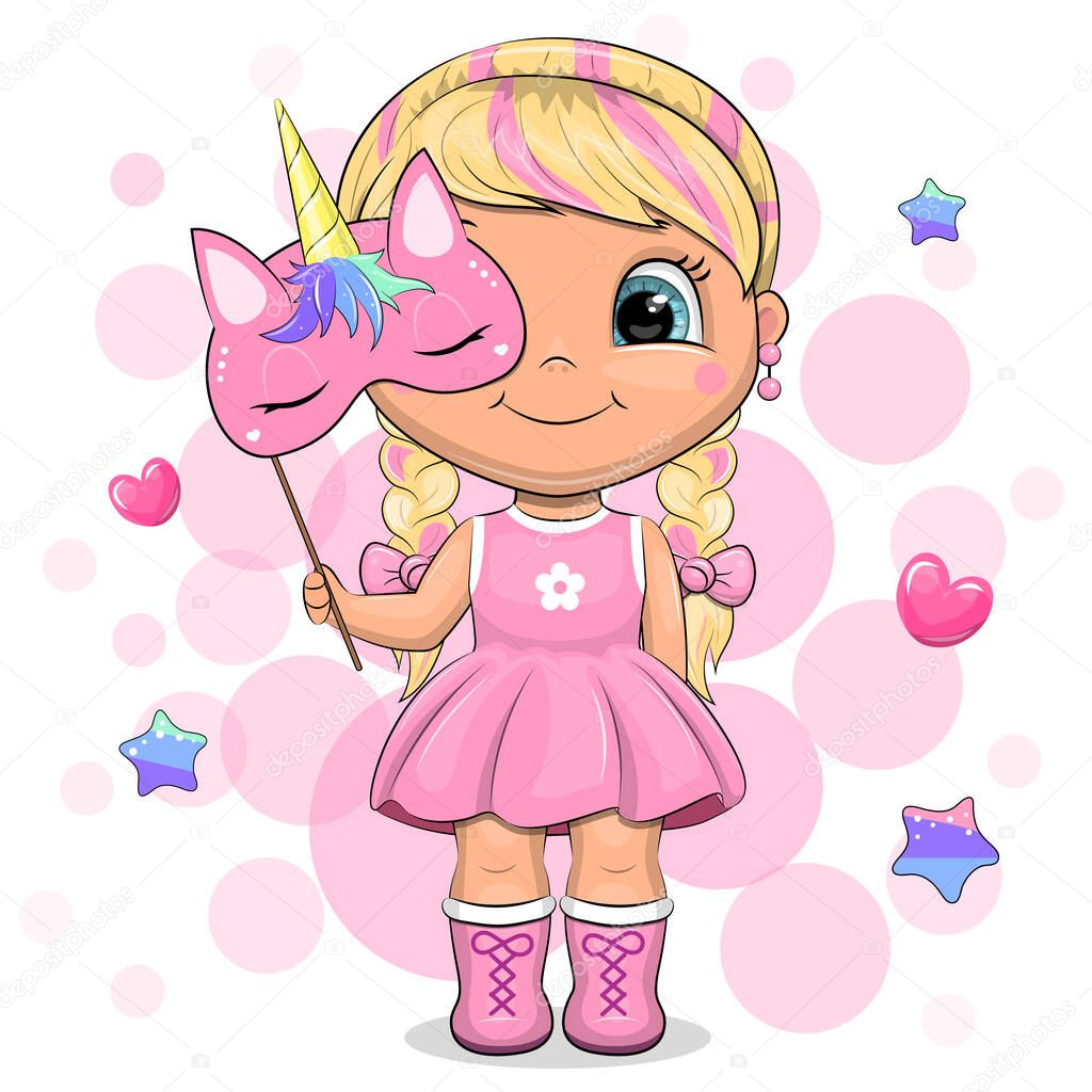 Cute cartoon blonde in a pink dress holding a unicorn mask. Vector illustration on a pink background with stars and hearts.