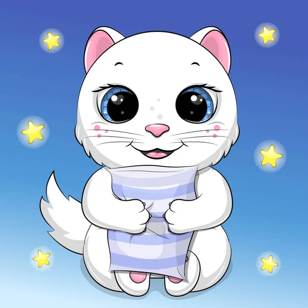 Милая Мультяшная Белая Кошка Подушкой Ночной Вектор Животным Синем Фоне — стоковый вектор