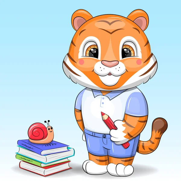 Cute Cartoon Tiger Pencil Books Vector Illustration Animal Blue Background — Stock Vector