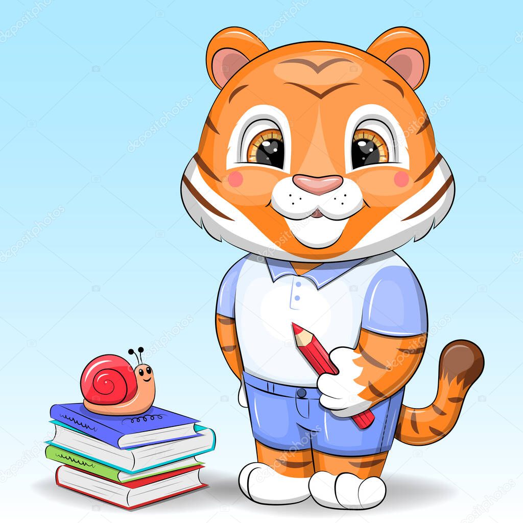 Cute cartoon tiger with pencil and books. Vector illustration of an animal on a blue background.