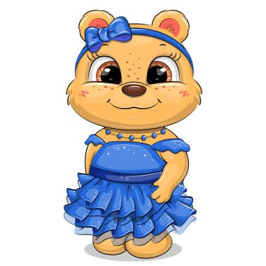 Mavi yay ve elbisesi olan sevimli çizgi film ayısı. Beyaz arka planda bir hayvanın vektör çizimi.