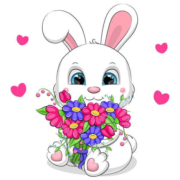 可爱的卡通白兔 有一束花 有心脏的白色背景上的动物的矢量图解 — 图库矢量图片