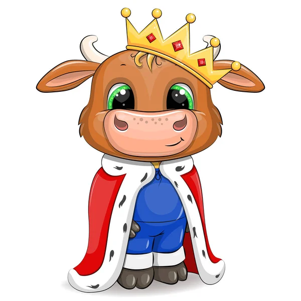 王冠と王室のローブでかわいい漫画の雄牛の王 白に隔離されたベクター動物イラスト — ストックベクタ