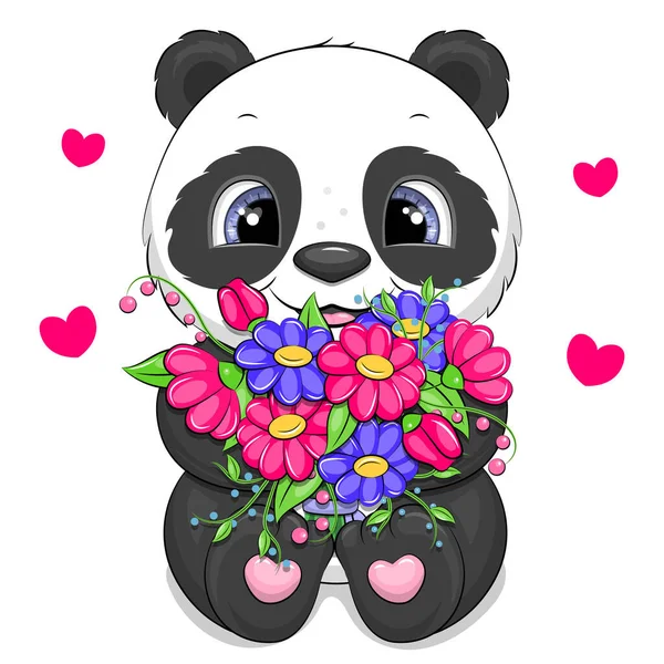 Leuke Cartoon Panda Met Een Boeket Bloemen Vector Illustratie Van — Stockvector