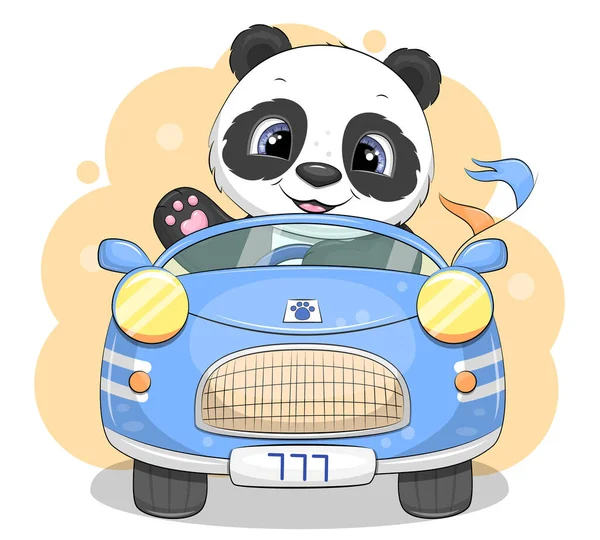 Cute Cartoon Panda Drives Blue Car Vector Illustration Animal — Stock Vector