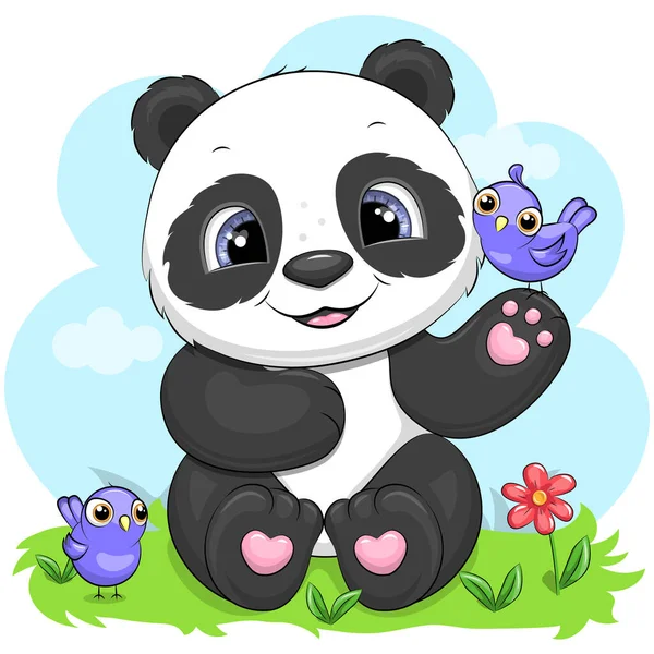 Cute Panda Kreskówki Ptakami Ilustracja Wektorowa Zwierzęcia Naturze — Wektor stockowy