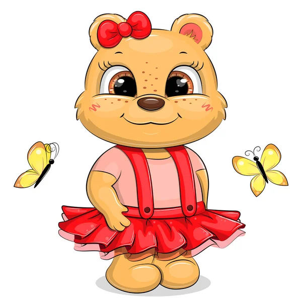 Menina Bonito Urso Dos Desenhos Animados Uma Saia Vermelha Ilustração — Vetor de Stock