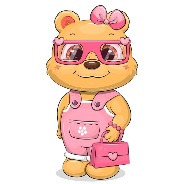 Cute Kreskówki Uroda Niedźwiedź Różowym Kombinezonie Okulary Łuk Włosów Posiada — Wektor stockowy