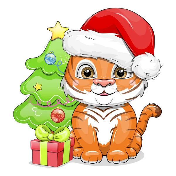 Tigre Cachorro Con Sombrero Santa Claus Con Regalo Árbol Navidad — Vector de stock